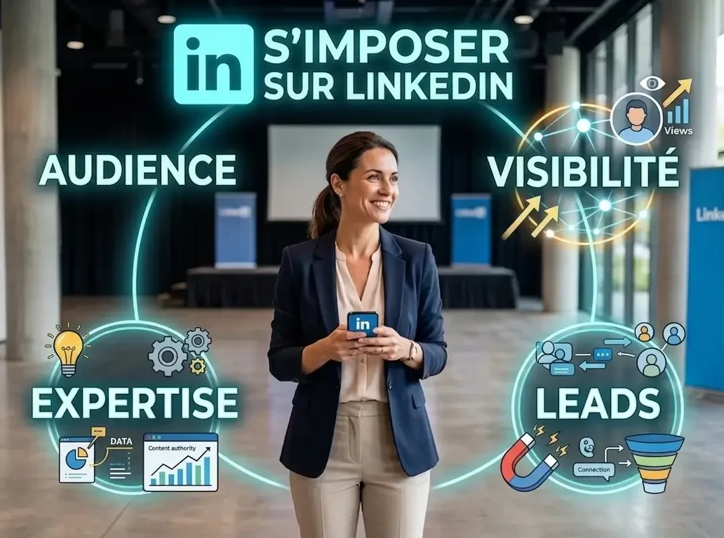 Infographie professionnelle montrant une femme souriante au centre d'un hall de conférence vide. Au-dessus d'elle, le logo LinkedIn et le titre "S'IMPOSER SUR LINKEDIN". Autour d'elle, quatre bulles lumineuses interconnectées : AUDIENCE, VISIBILITÉ (avec icônes de vues et réseau), EXPERTISE (avec icônes d'ampoule, engrenages et tableaux de données "DATA" et "Content Authority"), et LEADS (avec icônes de magnet, funnel de vente et "Connection"). Des bannières LinkedIn sont visibles en arrière-plan.
